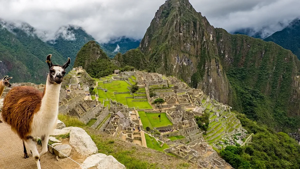 A llama standing in front of the ruins of Machu Picchu, an Inca citadel in Peru, with mountains and clouds in the background.